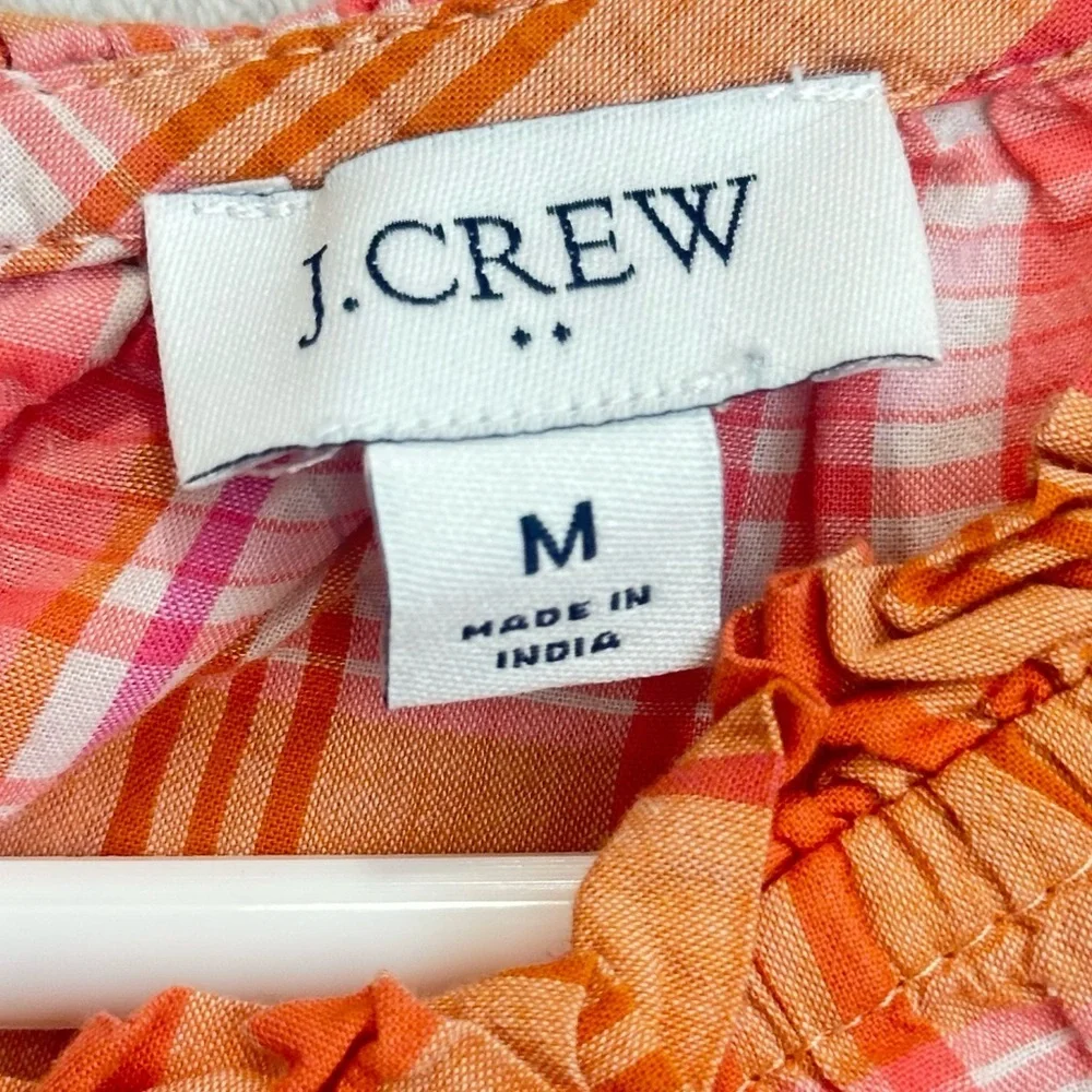 J. Crew Orange Madras Plaid Ruffle Tie-Back Cotton Gauzy Top Sz M Preppy Prep